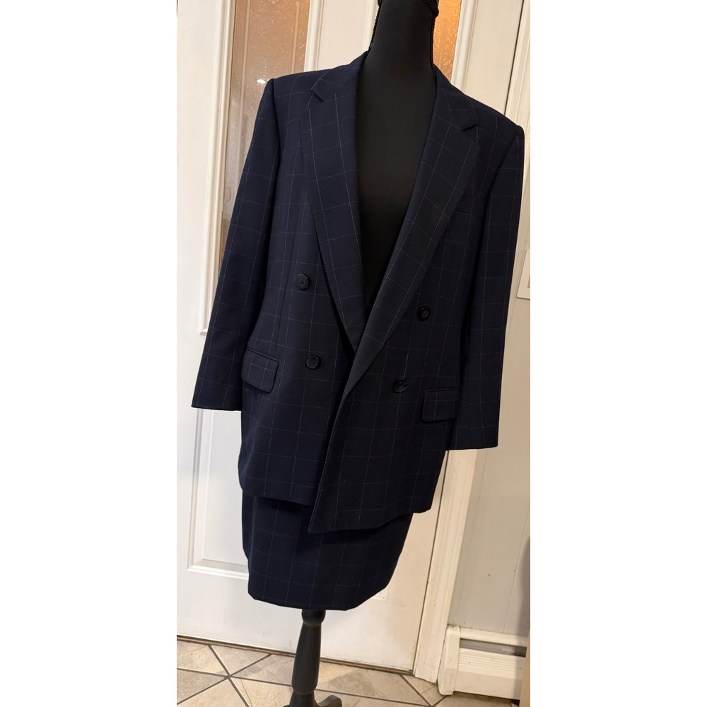 Burberrys Prorsum Navy Windowpane Wool Skirt Suit Double Breasted Made in Italy